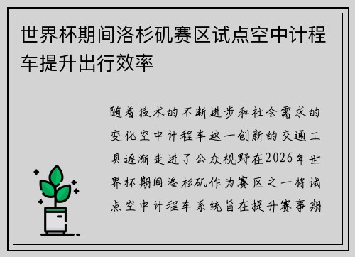 世界杯期间洛杉矶赛区试点空中计程车提升出行效率 世界杯期间洛杉矶赛区试点空中计程车提升出行效率